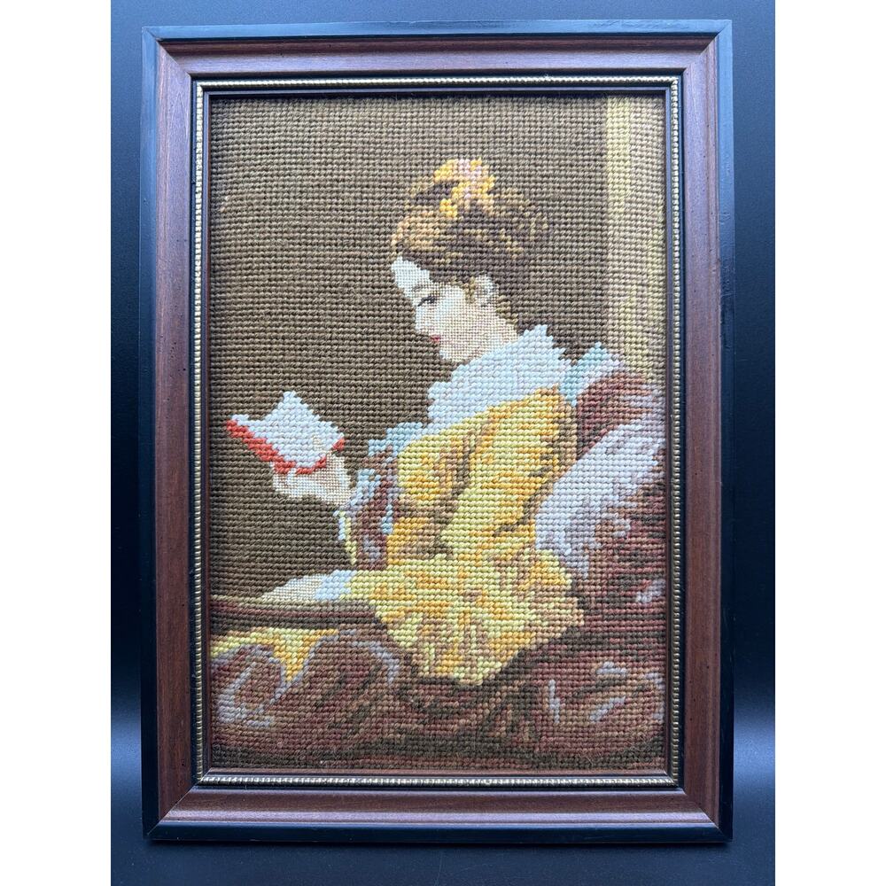 Vintage Framed Needlepoint Victorian Lady Reading Portrait Atelier San Francisco